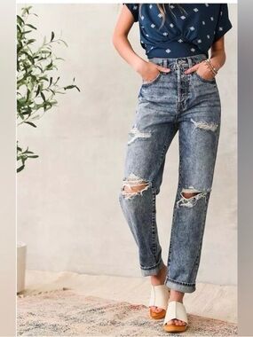Willow + Root High-Rise Distressed Straight-Leg Jeans - Sz 28